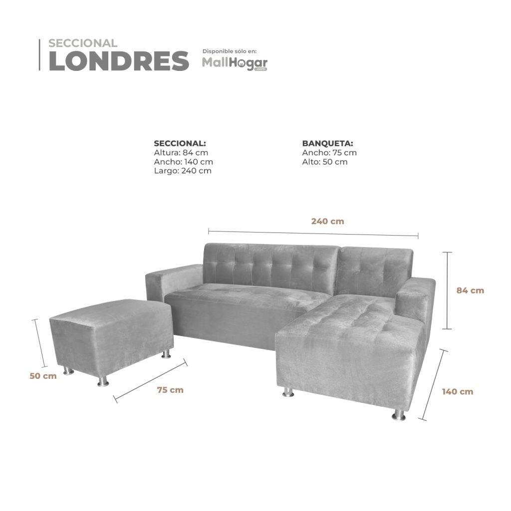 Seccional Londres Derecho + Banqueta – Gris Plata