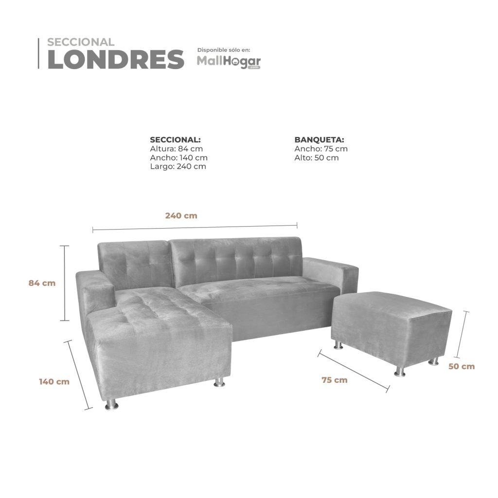 Seccional Londres Izquierdo + Banqueta – Gris Plata